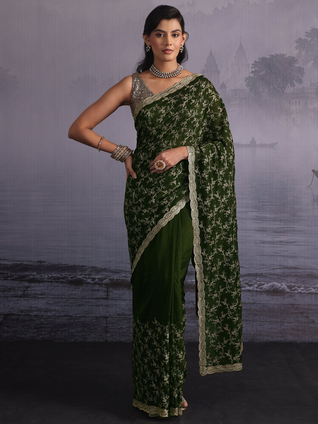 Libas Green Floral Embroidered Silk Blend Saree