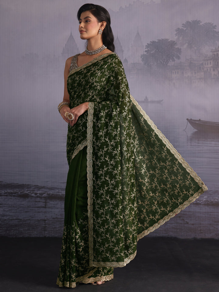 Libas Green Floral Embroidered Silk Blend Saree