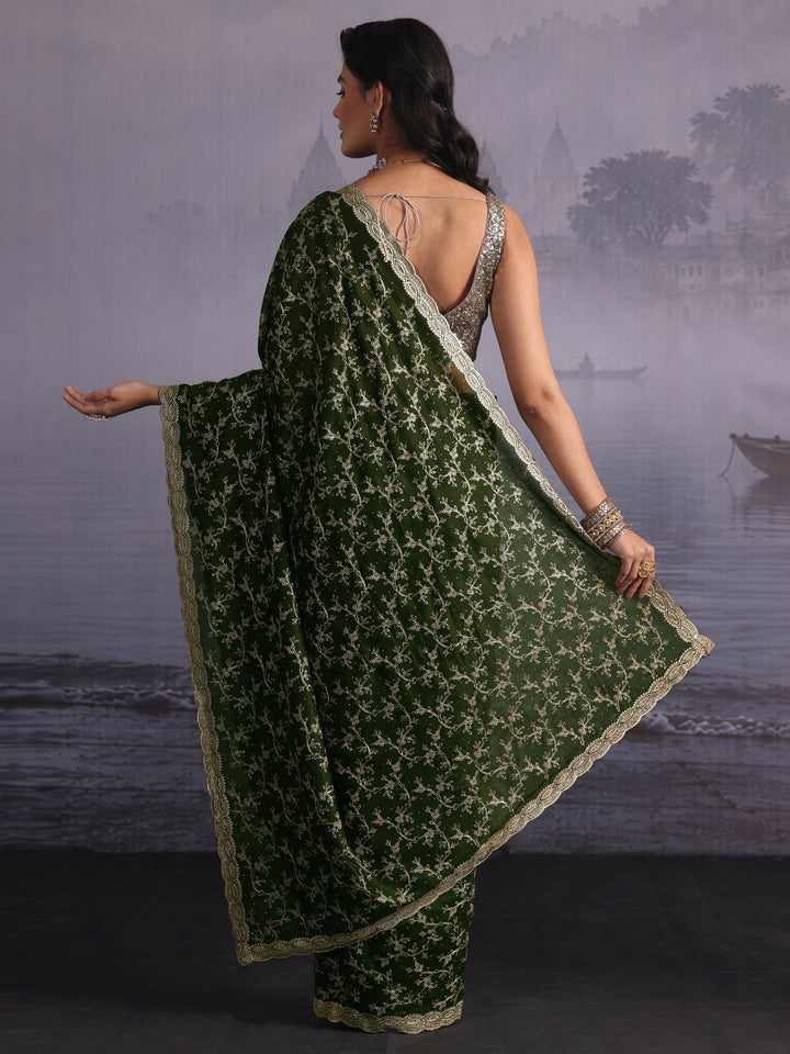 Libas Green Floral Embroidered Silk Blend Saree