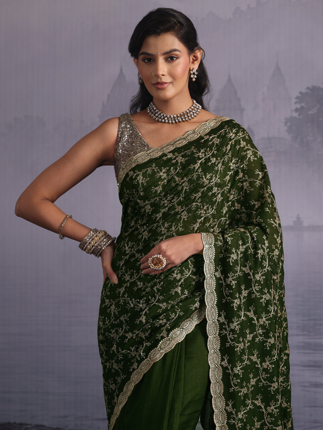 Libas Green Floral Embroidered Silk Blend Saree