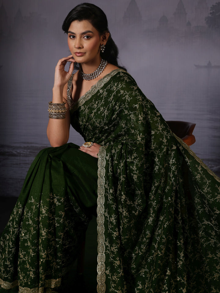 Libas Green Floral Embroidered Silk Blend Saree