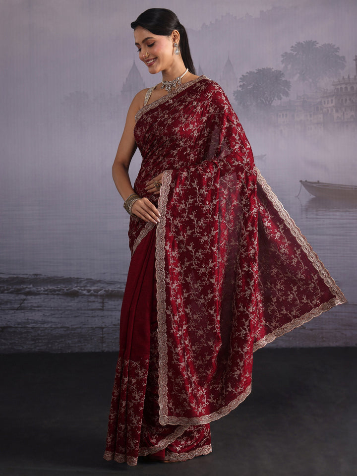 Libas Maroon Floral Embroidered Silk Blend Saree