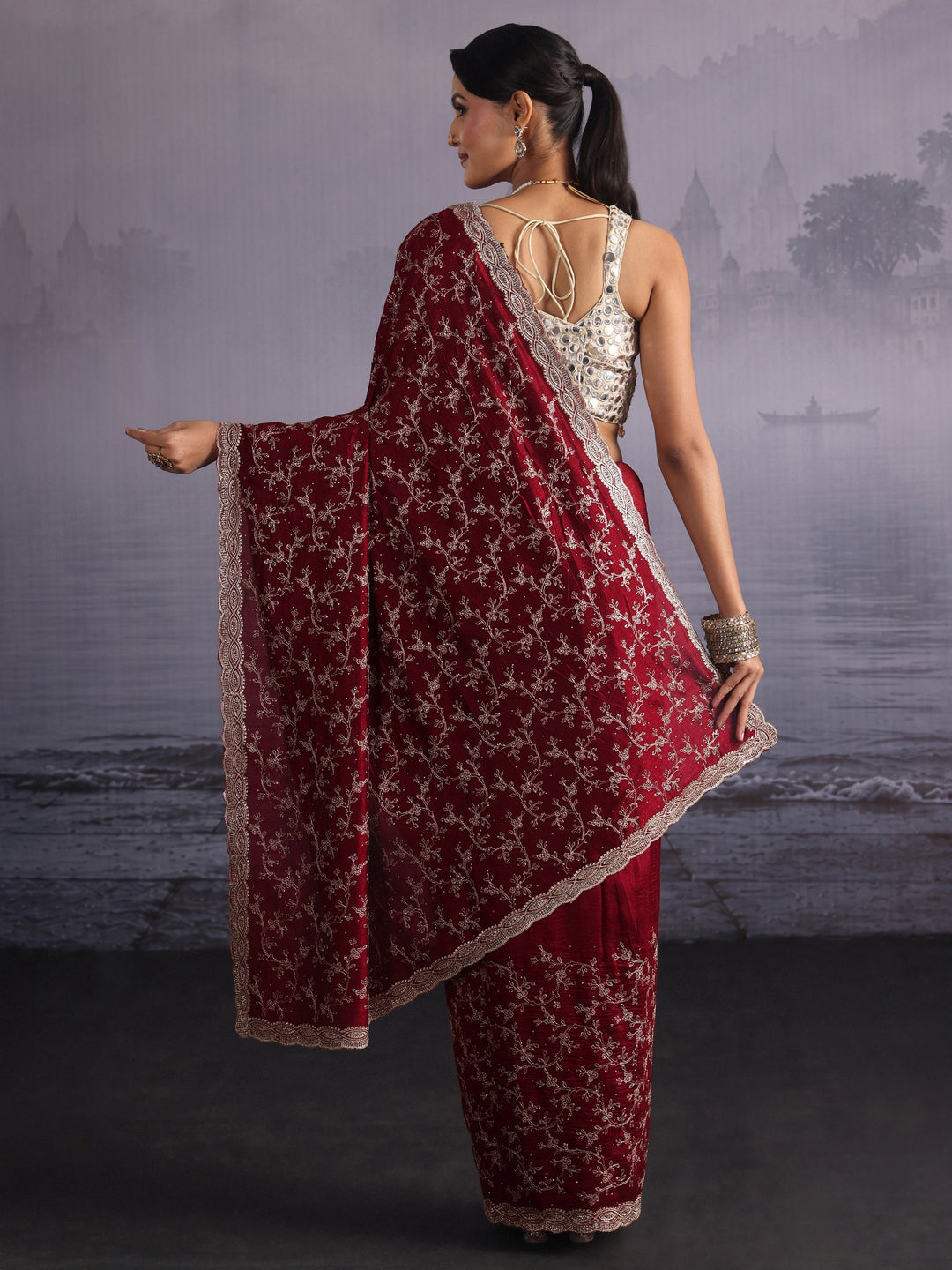 Libas Maroon Floral Embroidered Silk Blend Saree