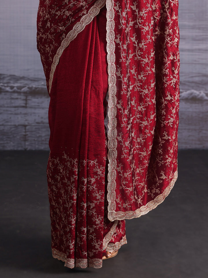 Libas Maroon Floral Embroidered Silk Blend Saree