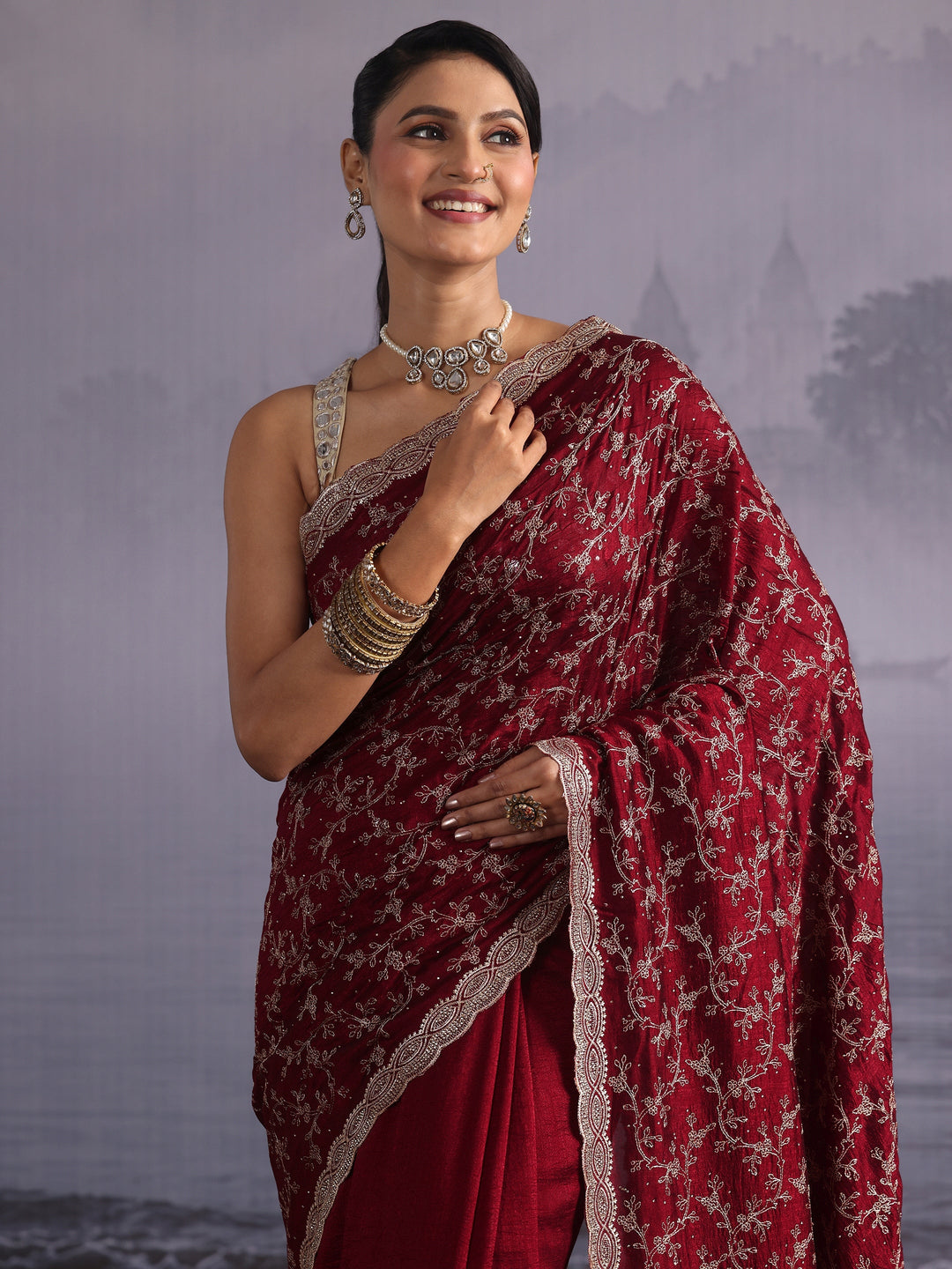 Libas Maroon Floral Embroidered Silk Blend Saree
