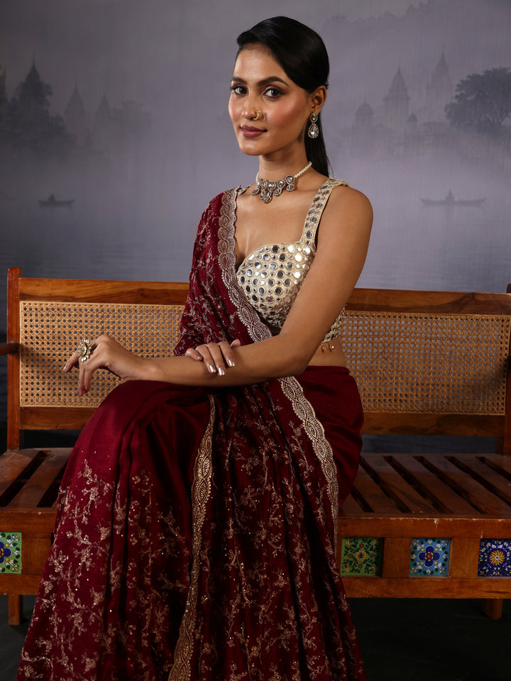 Libas Maroon Floral Embroidered Silk Blend Saree