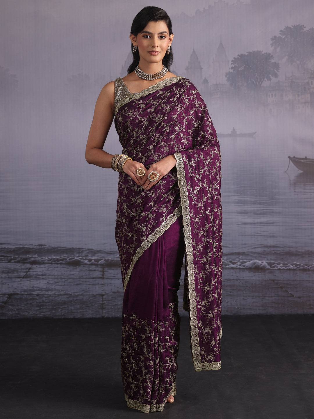 Libas Wine Floral Embroidered Silk Blend Saree