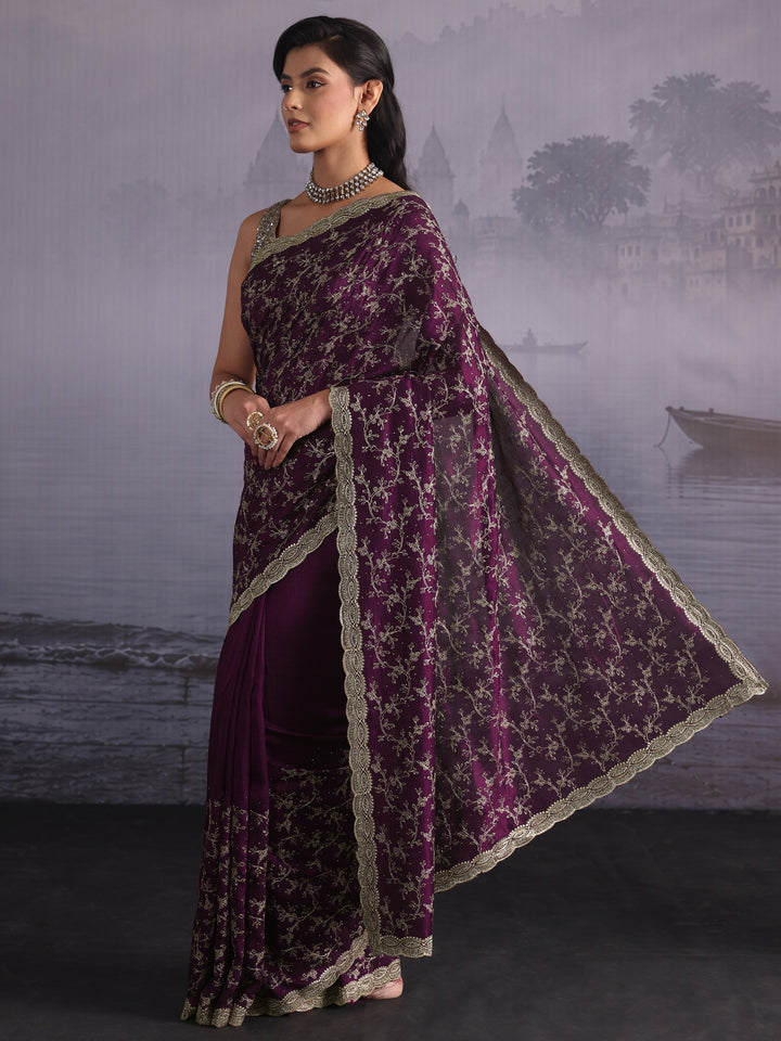 Libas Wine Floral Embroidered Silk Blend Saree