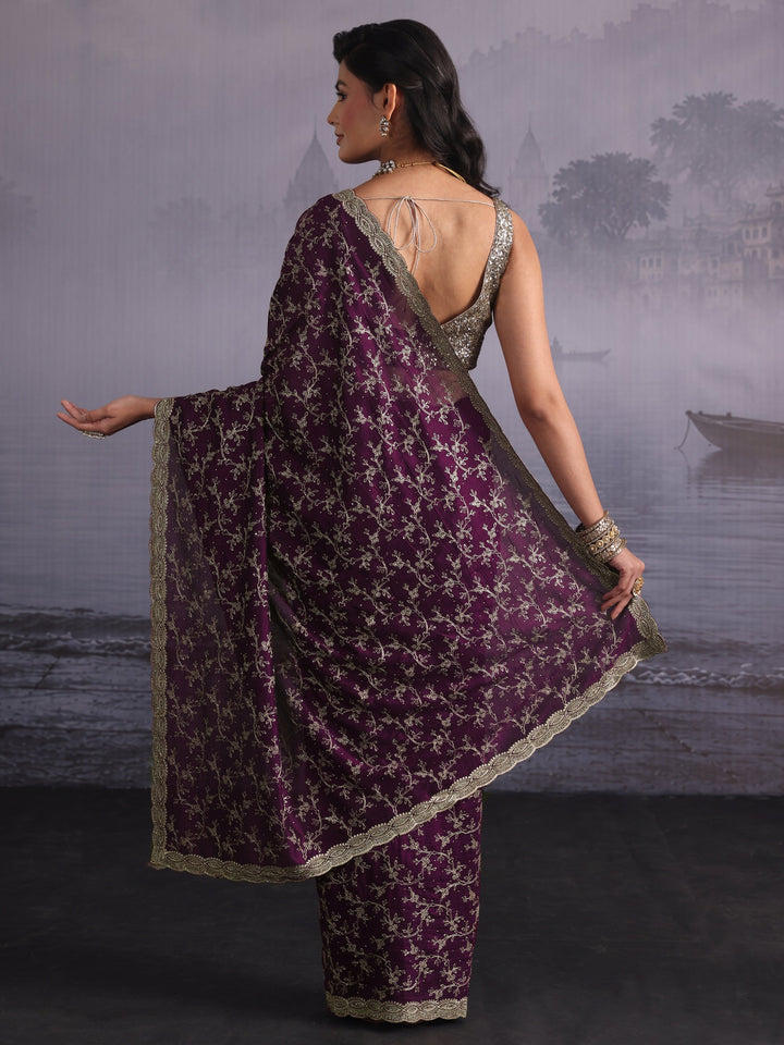 Libas Wine Floral Embroidered Silk Blend Saree