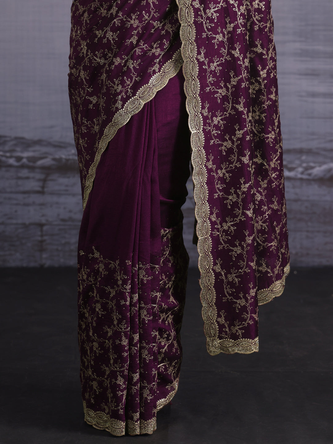 Libas Wine Floral Embroidered Silk Blend Saree