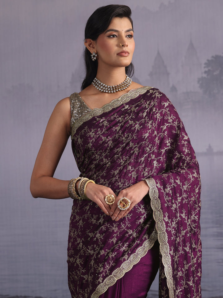 Libas Wine Floral Embroidered Silk Blend Saree