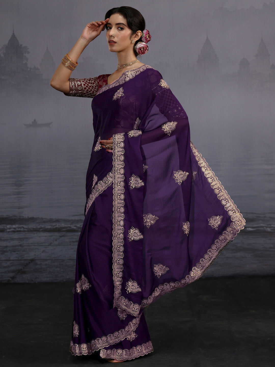 Libas Imperial Purple Stone Work Embellished Chiffon Saree
