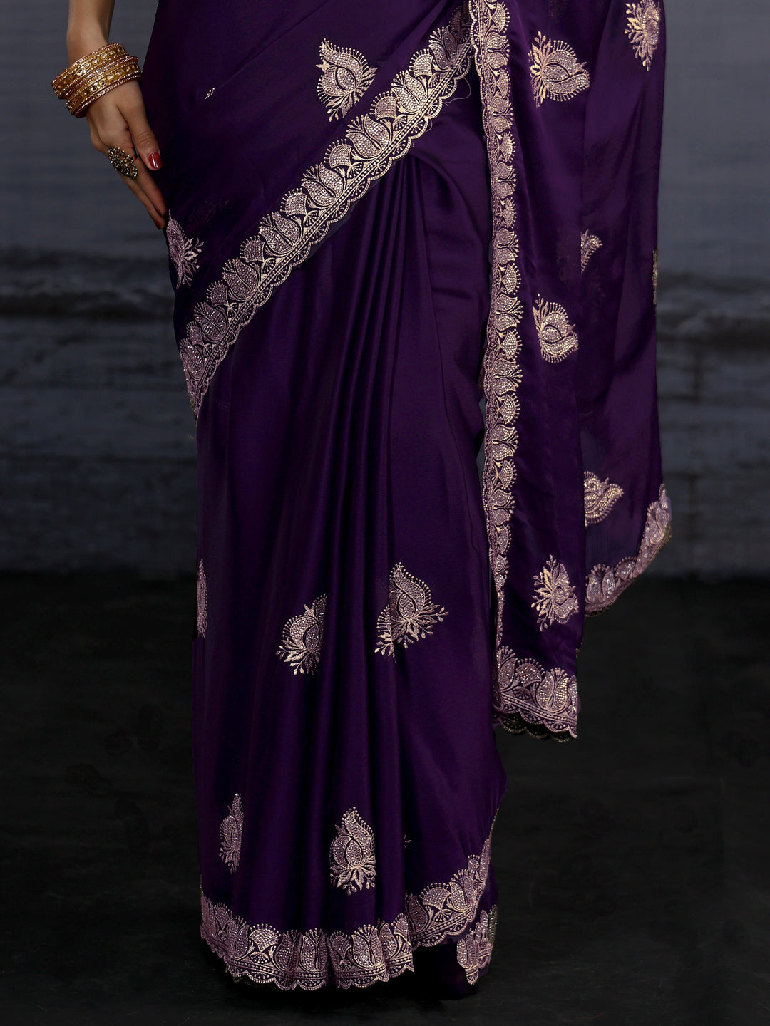 Libas Imperial Purple Stone Work Embellished Chiffon Saree