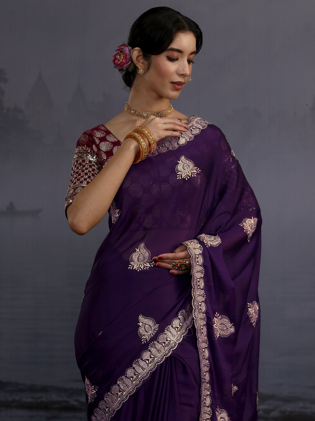 Libas Imperial Purple Stone Work Embellished Chiffon Saree