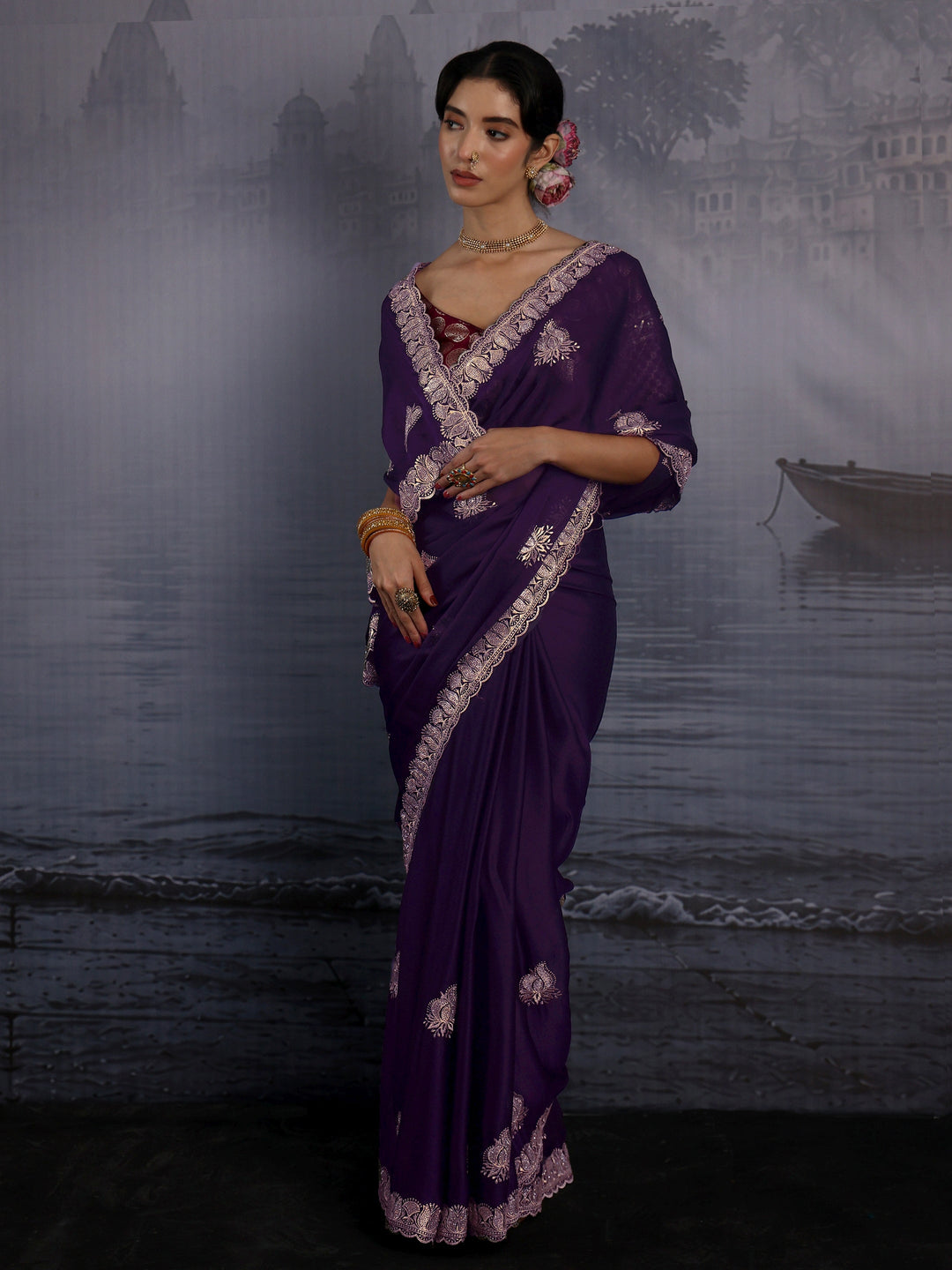 Libas Imperial Purple Stone Work Embellished Chiffon Saree
