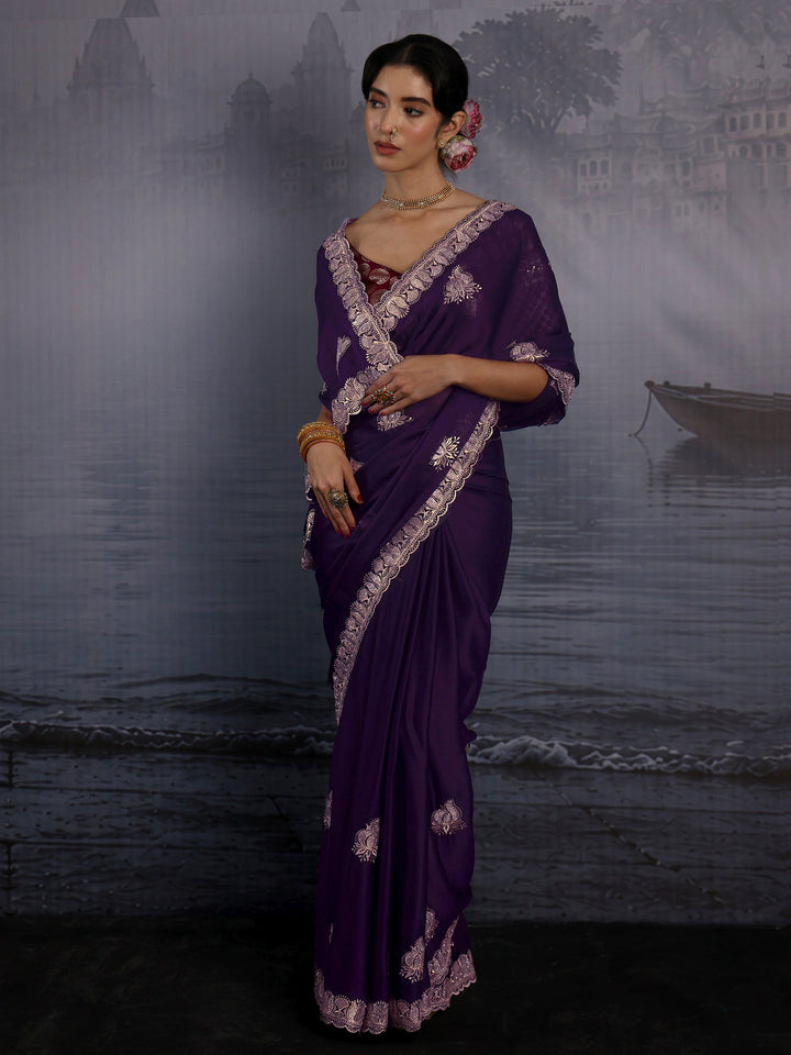Libas Imperial Purple Stone Work Embellished Chiffon Saree