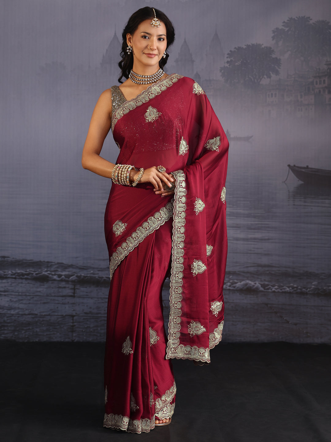Libas Maroon Embroidered Chiffon Saree with Scalloped Border