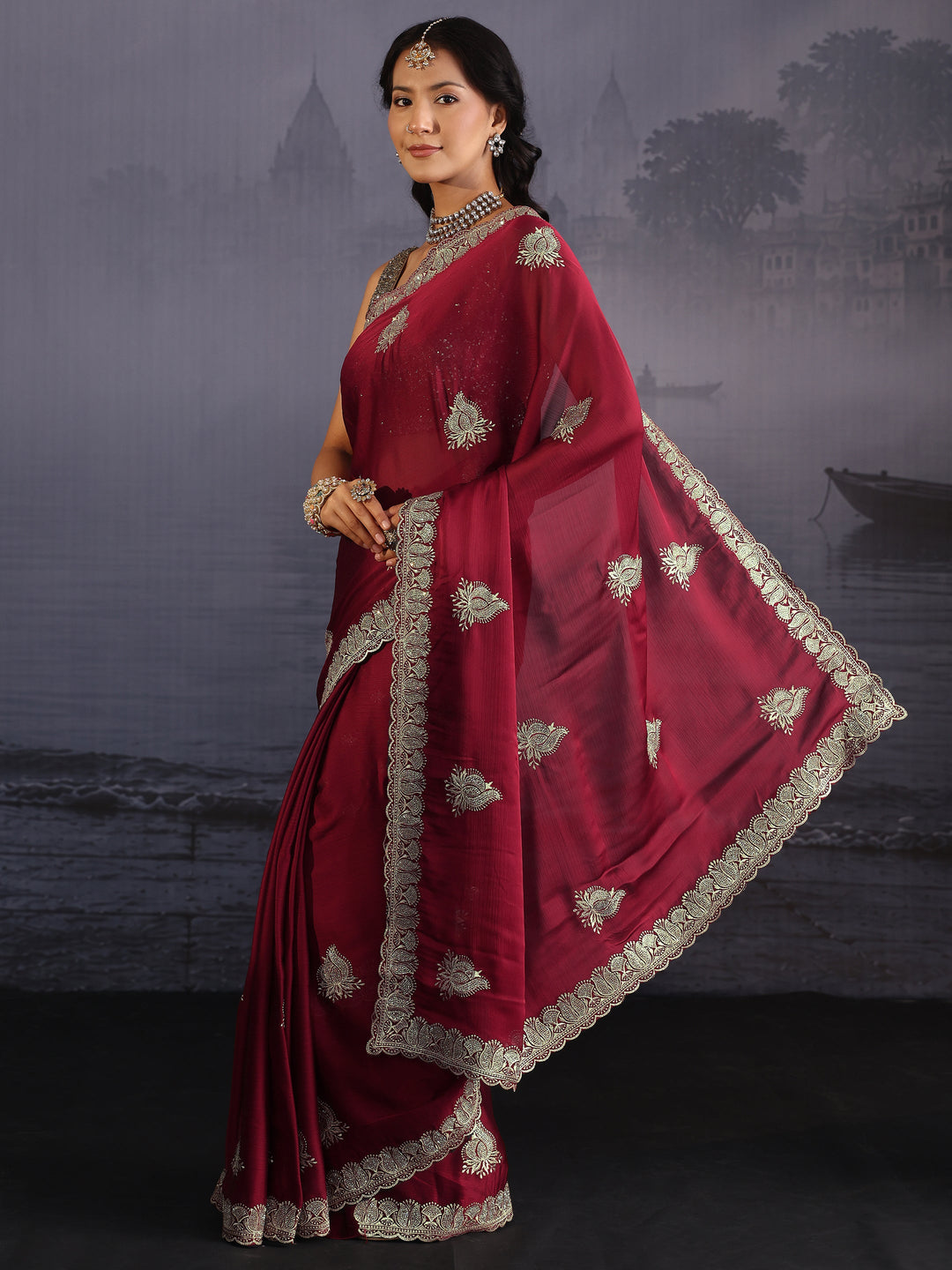 Libas Maroon Embroidered Chiffon Saree with Scalloped Border