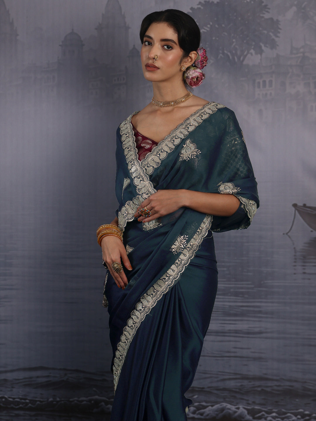 Libas Navy Blue Stone Work Embellished Chiffon Saree