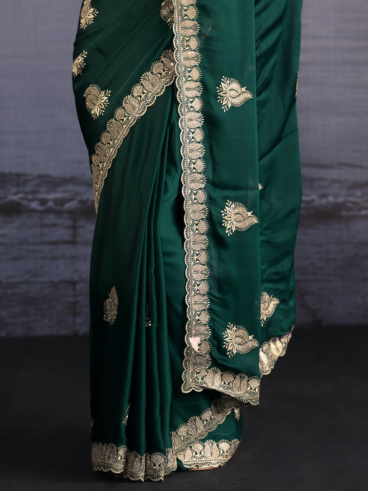 Libas Bottle Green Embroidered Chiffon Saree with Scalloped Border