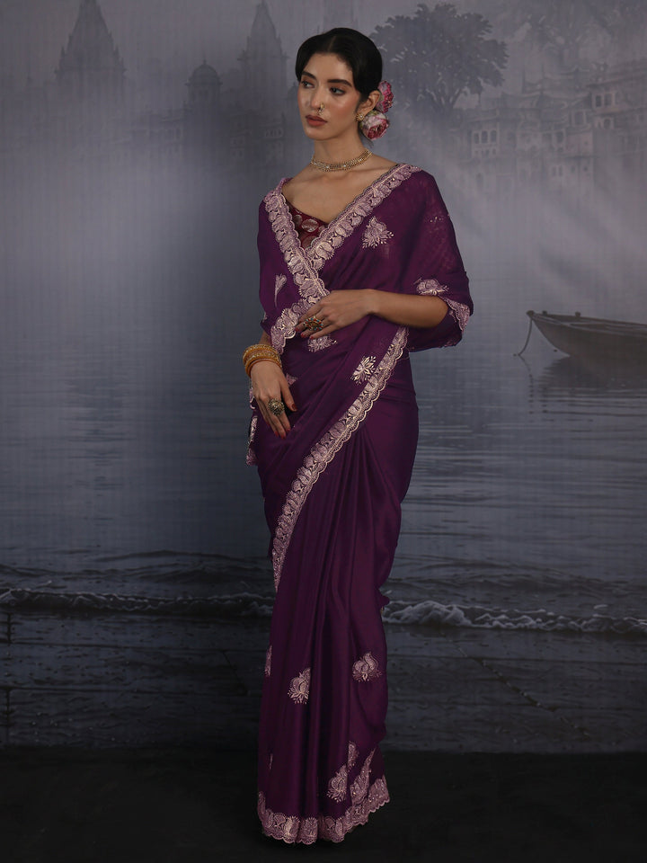 Libas Wine Stone Work Embellished Chiffon Saree