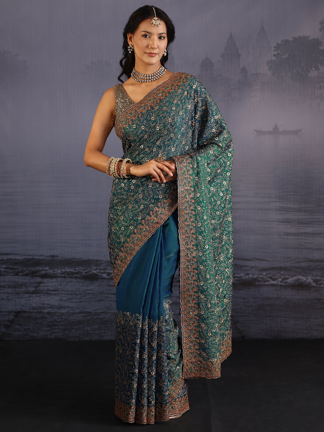 Libas Art Teal Blue Floral Embroidered Tissue Saree with Scalloped Border