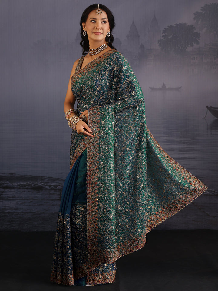 Libas Art Teal Blue Floral Embroidered Tissue Saree with Scalloped Border