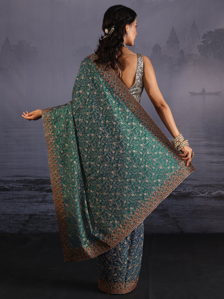 Libas Art Teal Blue Floral Embroidered Tissue Saree with Scalloped Border