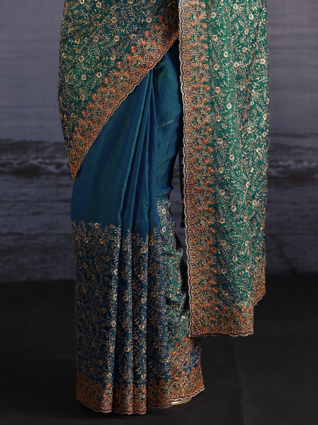 Libas Art Teal Blue Floral Embroidered Tissue Saree with Scalloped Border