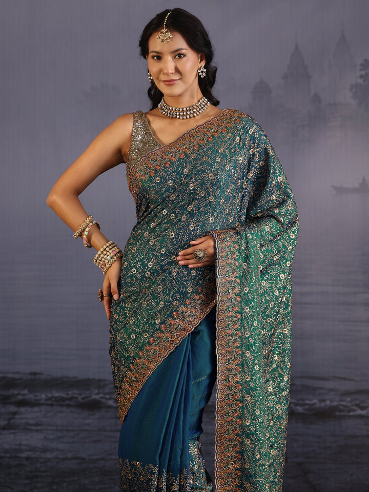 Libas Art Teal Blue Floral Embroidered Tissue Saree with Scalloped Border