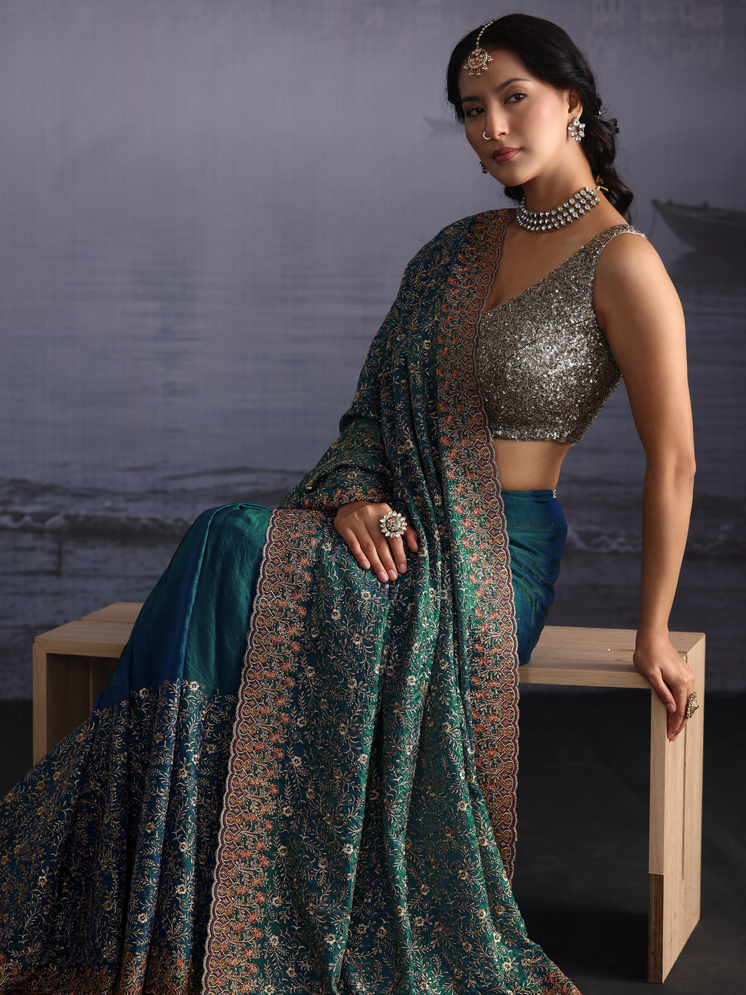 Libas Art Teal Blue Floral Embroidered Tissue Saree with Scalloped Border