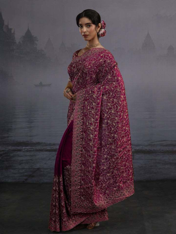 Libas Art Wine Floral Embroidered Tissue Saree