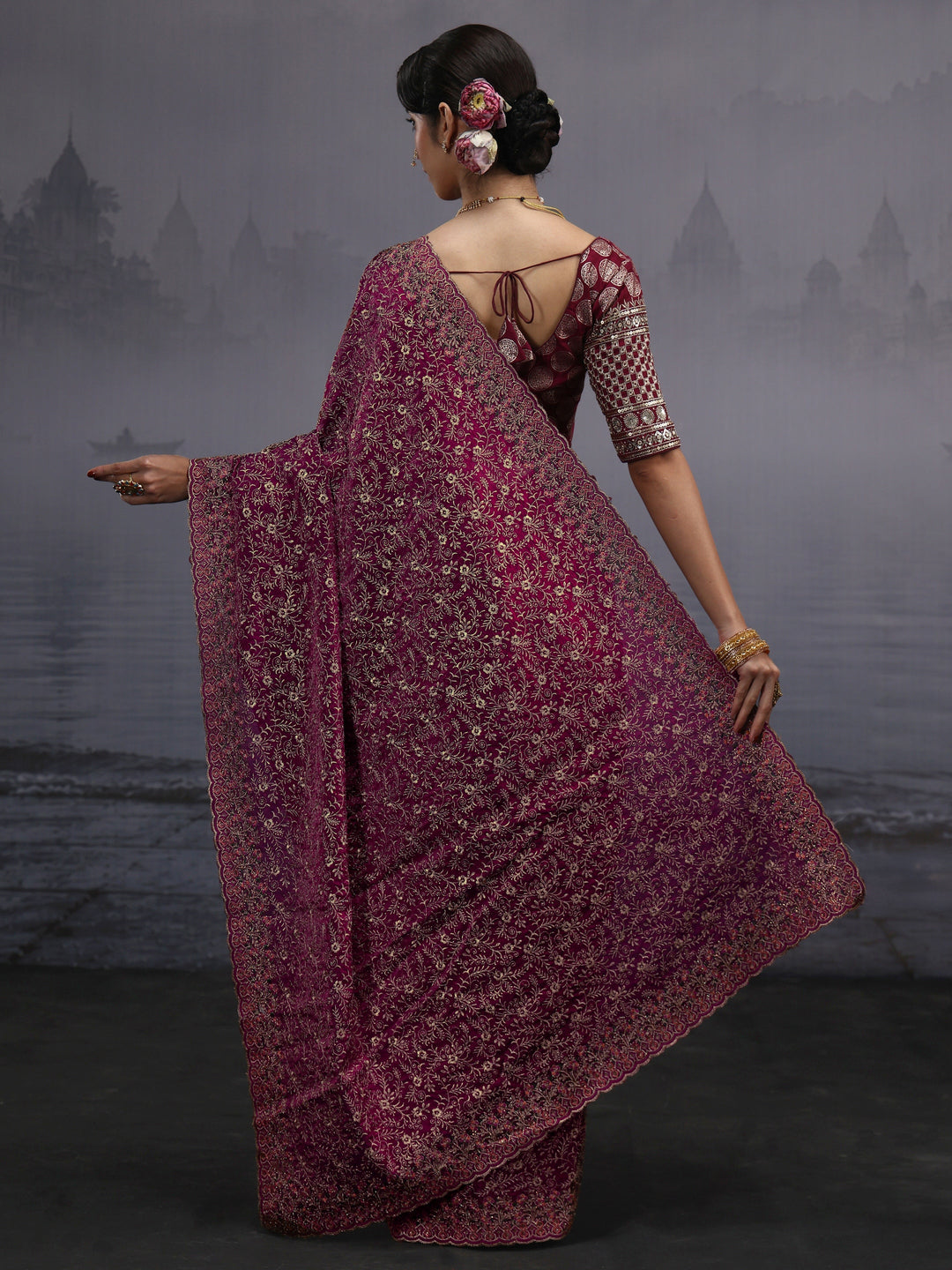 Libas Art Wine Floral Embroidered Tissue Saree