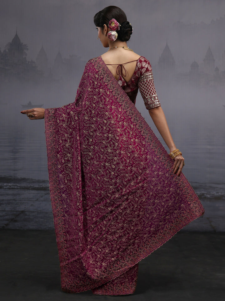 Libas Art Wine Floral Embroidered Tissue Saree