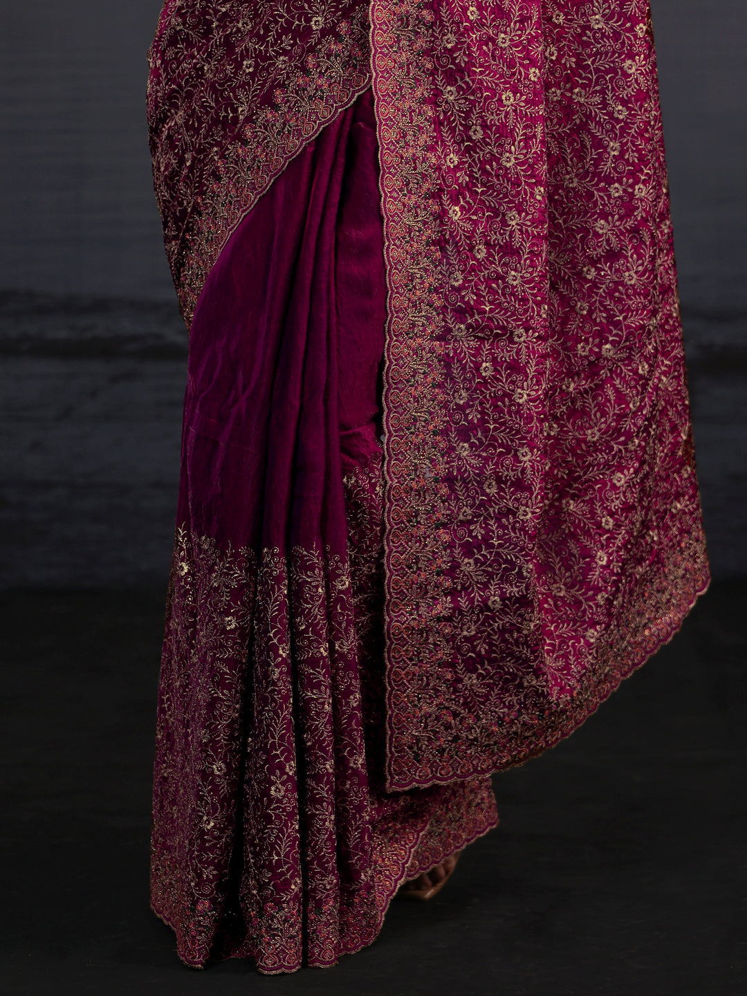 Libas Art Wine Floral Embroidered Tissue Saree