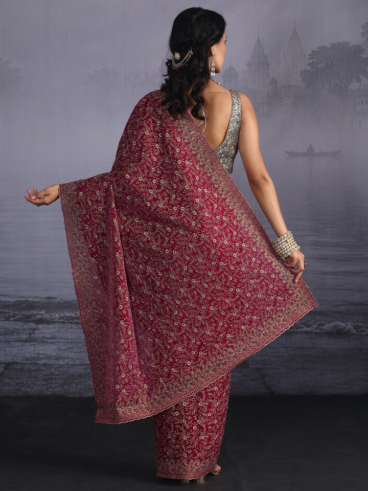Libas Art Red Floral Embroidered Tissue Saree with Scalloped Border