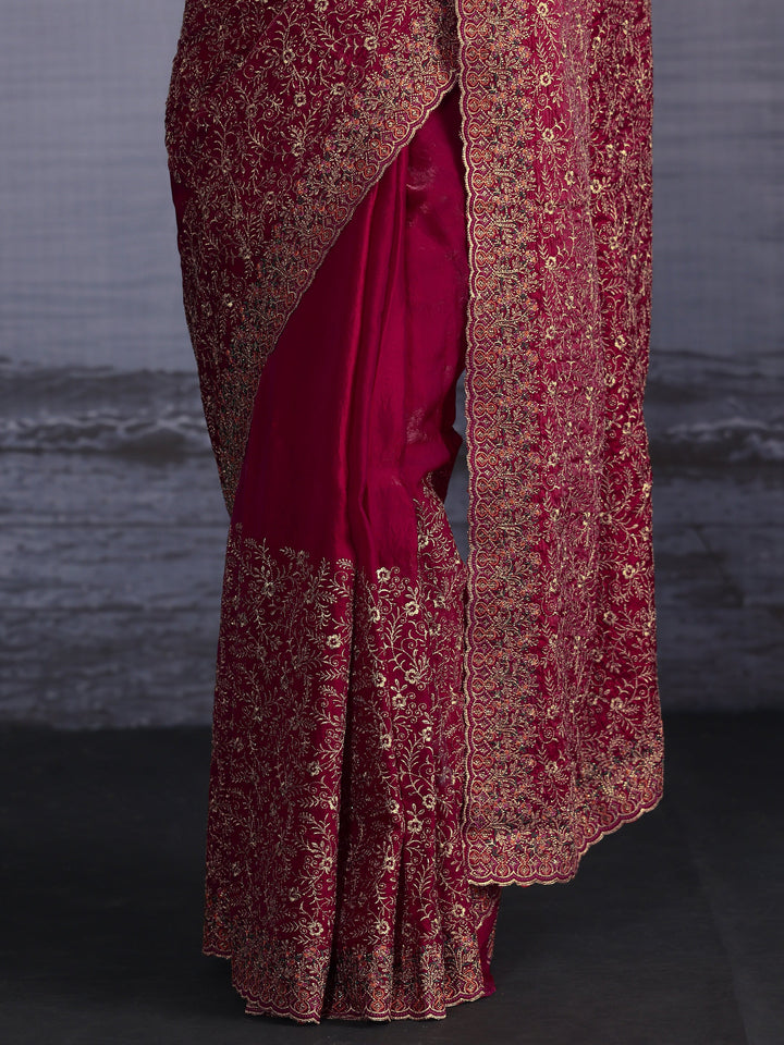 Libas Art Red Floral Embroidered Tissue Saree with Scalloped Border