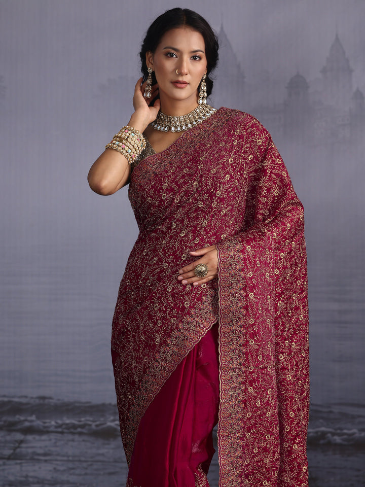 Libas Art Red Floral Embroidered Tissue Saree with Scalloped Border