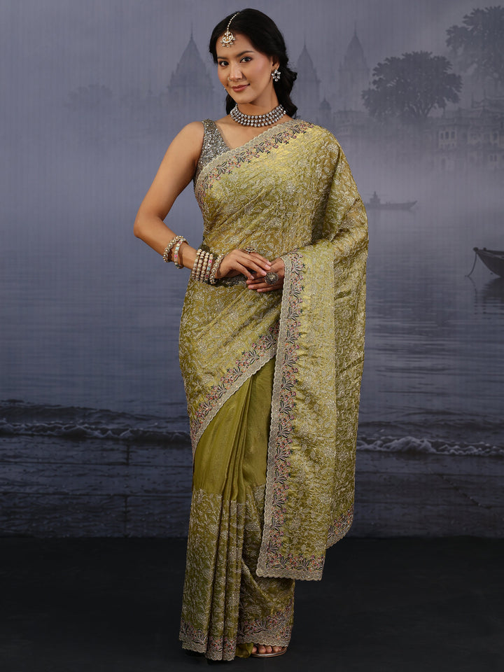 Libas Art Henna Green Floral Embroidered Stone Work Tissue Saree