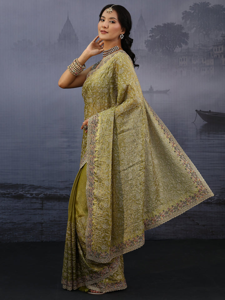 Libas Art Henna Green Floral Embroidered Stone Work Tissue Saree