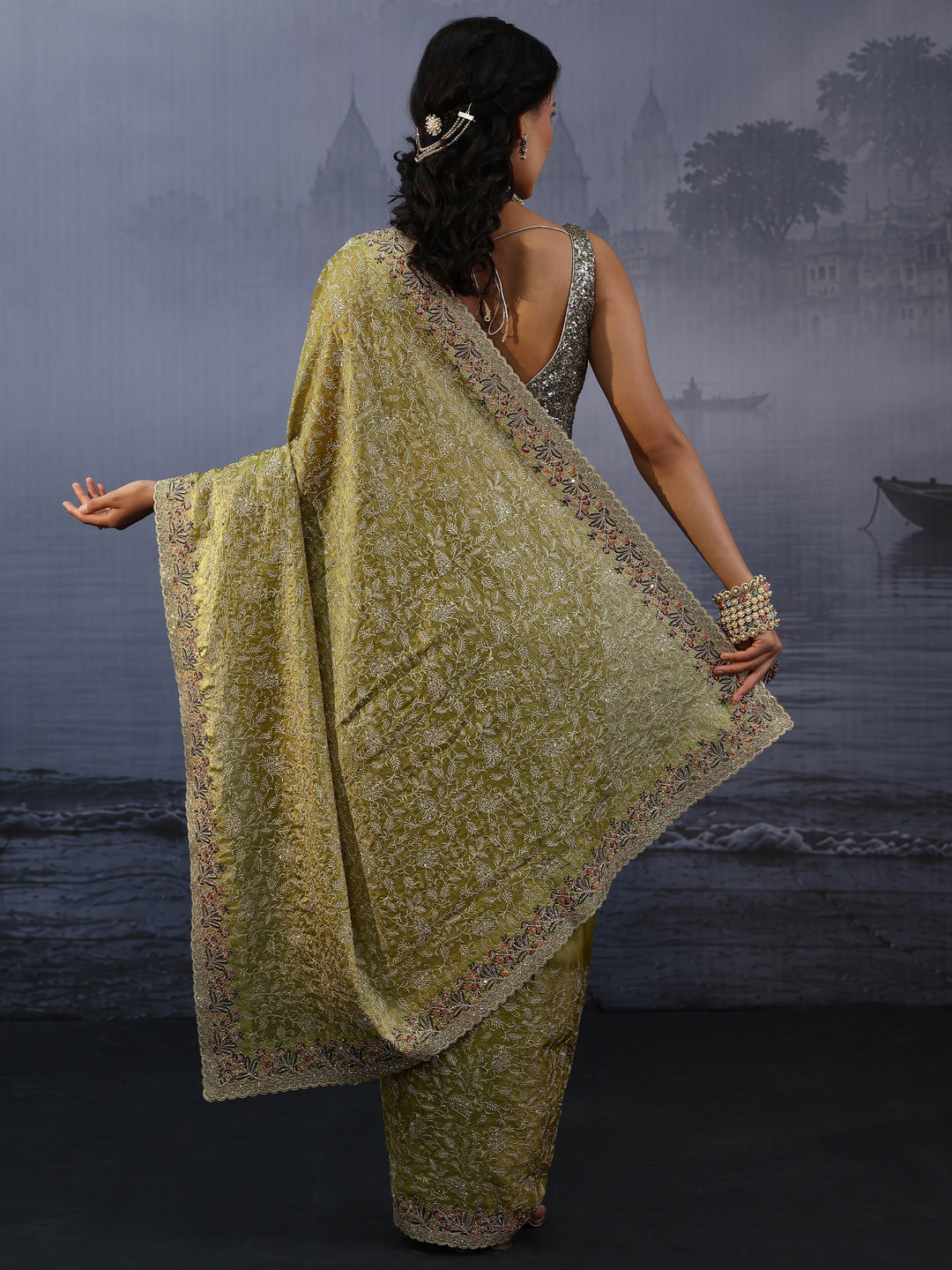 Libas Art Henna Green Floral Embroidered Stone Work Tissue Saree