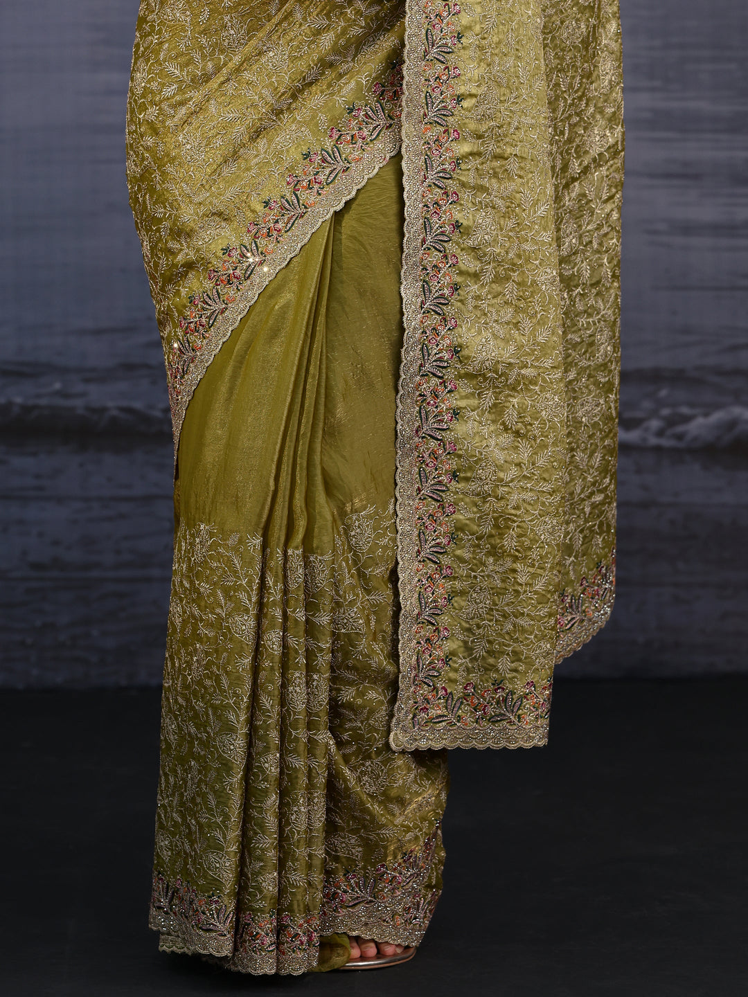 Libas Art Henna Green Floral Embroidered Stone Work Tissue Saree