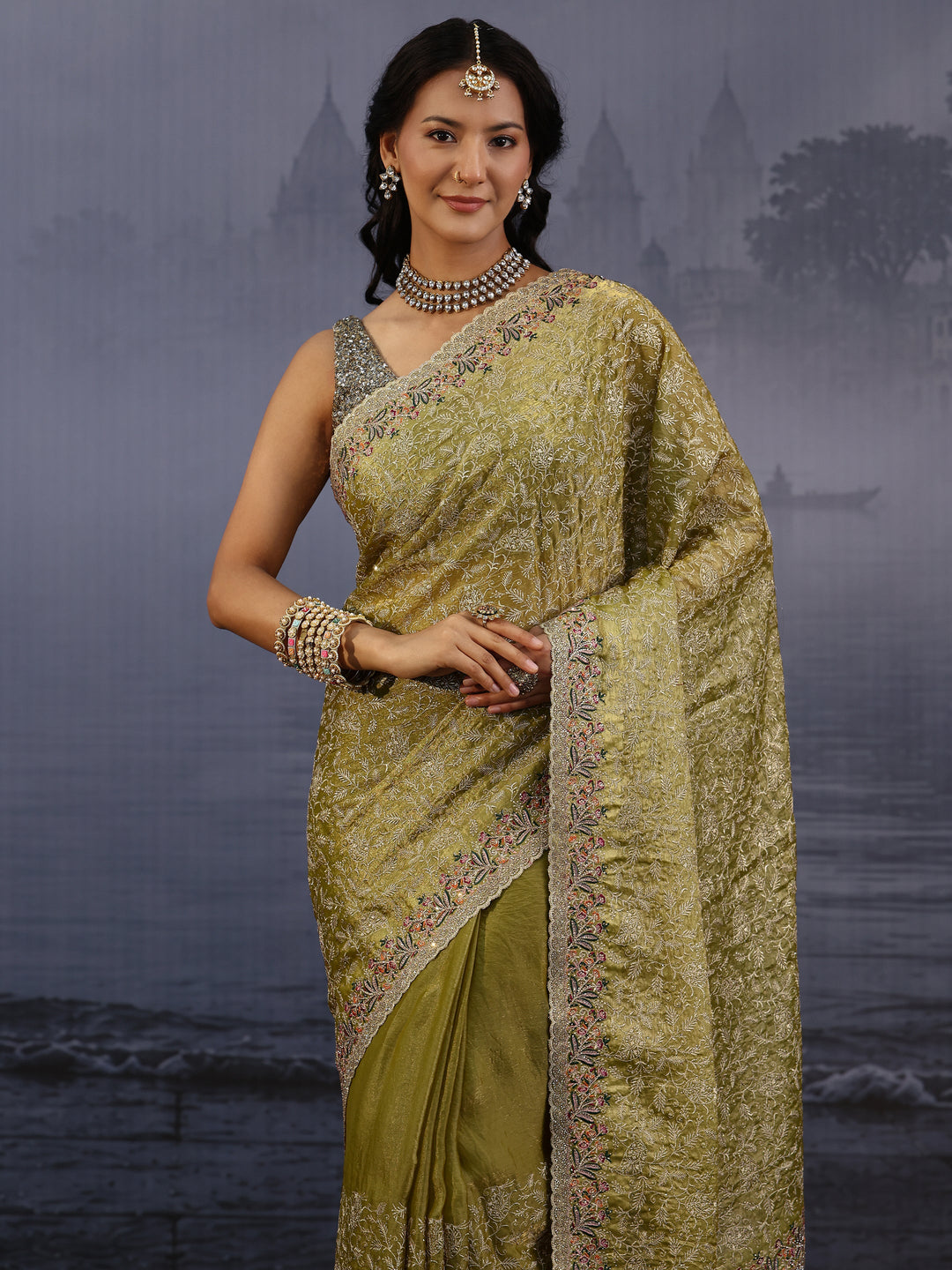 Libas Art Henna Green Floral Embroidered Stone Work Tissue Saree