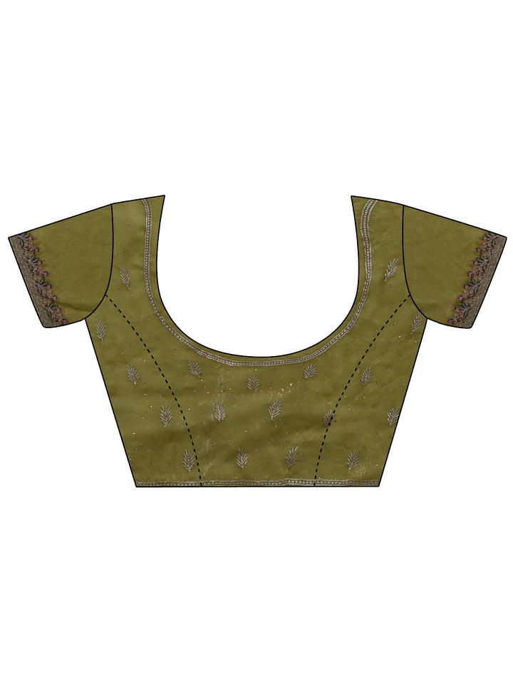 Libas Art Henna Green Floral Embroidered Stone Work Tissue Saree