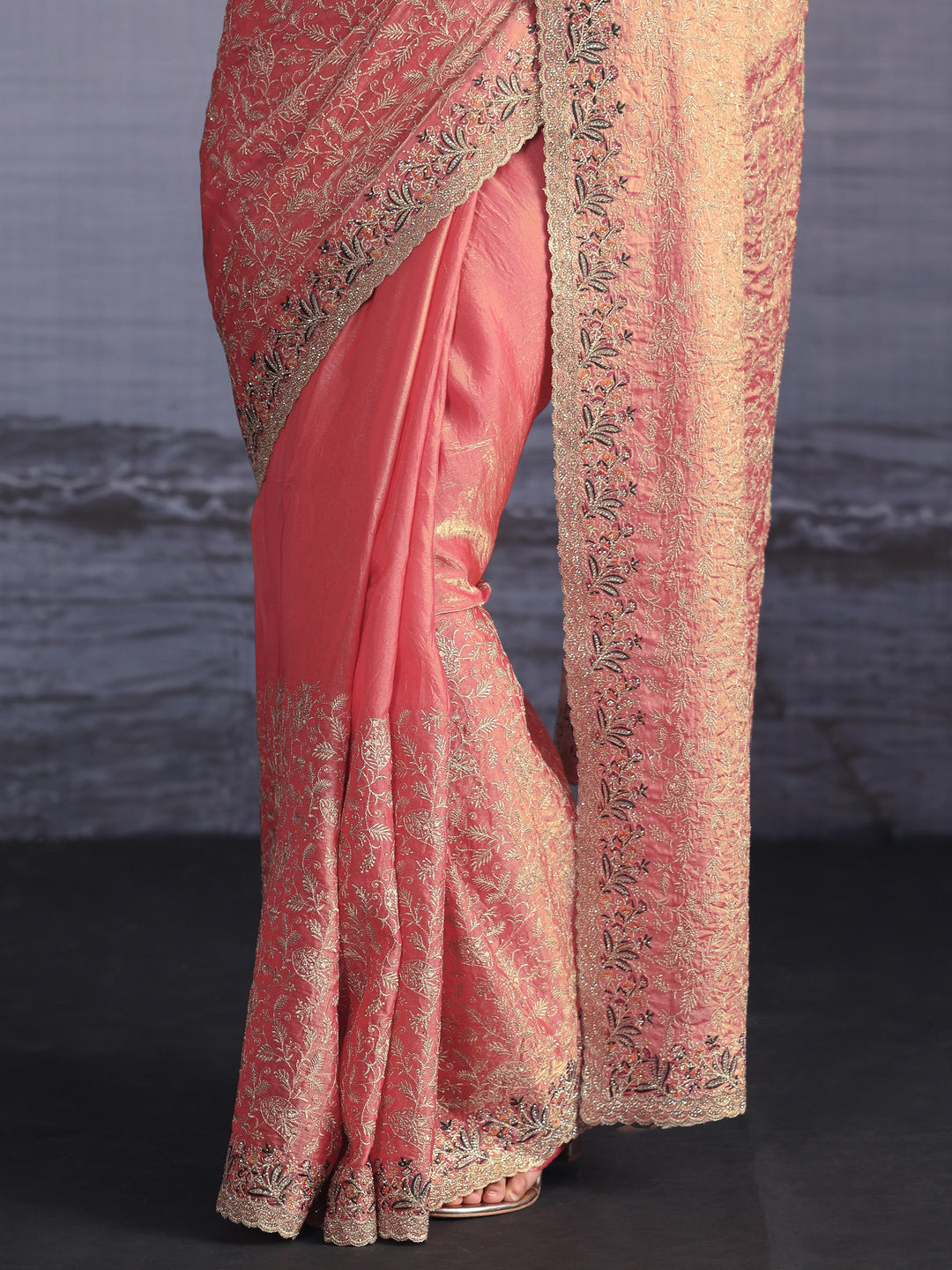 Libas Art Peach Pink Floral Embroidered Stone Work Tissue Saree