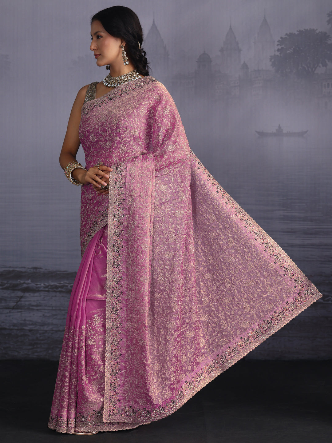 Libas Art Dusty Pink Floral Embroidered Stone Work Tissue Saree