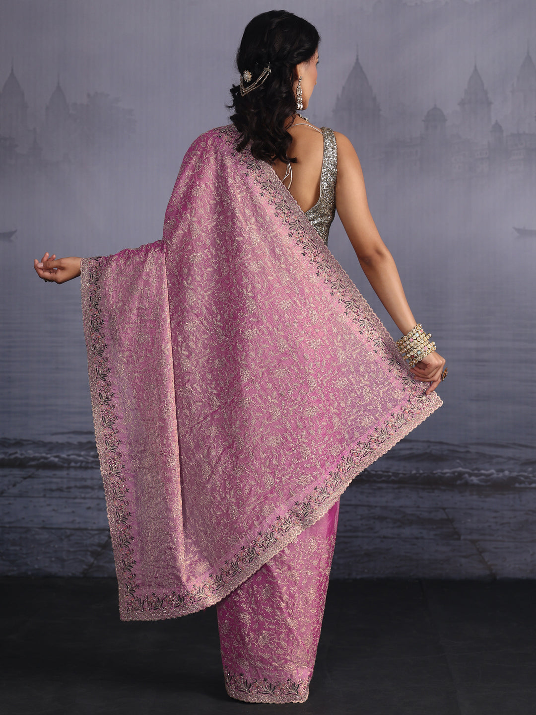 Libas Art Dusty Pink Floral Embroidered Stone Work Tissue Saree