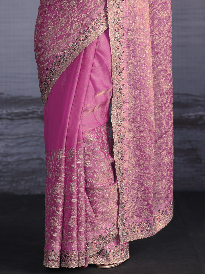 Libas Art Dusty Pink Floral Embroidered Stone Work Tissue Saree