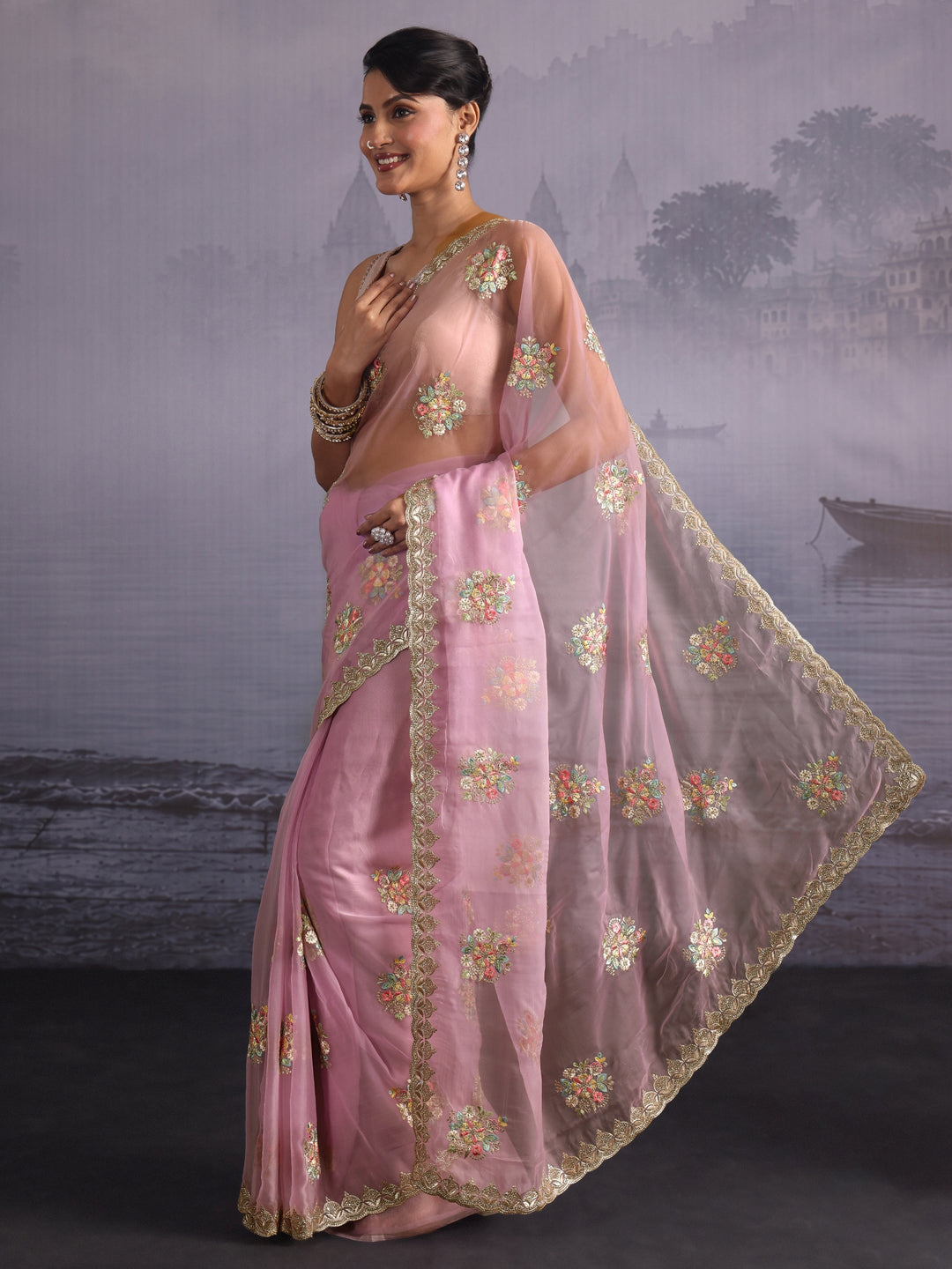 Libas Lavender Floral Embroidered Organza Saree with Stone Work