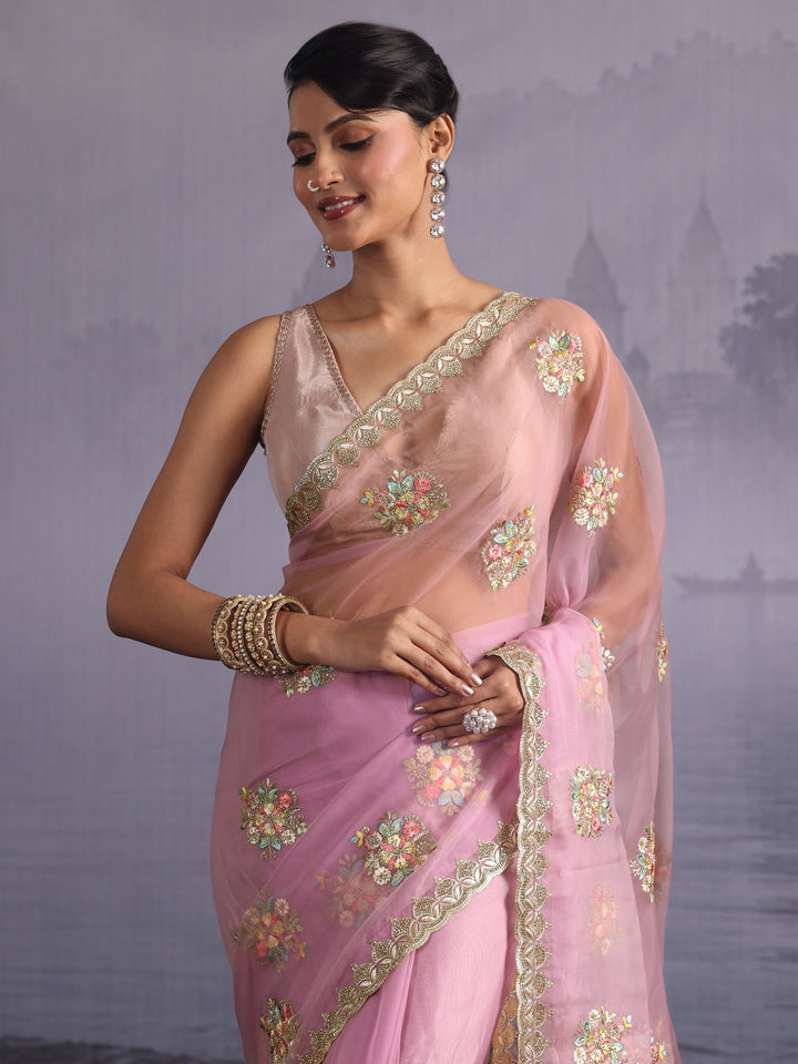 Libas Lavender Floral Embroidered Organza Saree with Stone Work